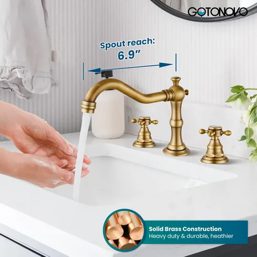 Miniatura 3 de gotonovo Grifo de lavabo de baño de 3 orificios extendido, grifo mezclador de doble manija cruzada para lavabo de baño, grifo de tocador, montaje