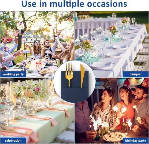 Miniatura 6 de Cindeer 150 piezas de servilletas de cena azul marino con sensación de lino, bolsillo plano incorporado, preplegadas, servilletas de papel 2-Azul