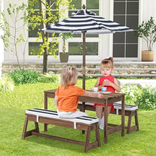 Miniatura 9 de KOTEK Mesa de picnic para niños con paraguas plegable, juego de mesa y banco de madera para patio trasero con cojines extraíbles, mesa de juego