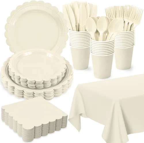 176 platos y servilletas color marfil, platos festoneados beige, servilletas, vasos, cubiertos, mantel para baby shower, boda, decoración de fiesta