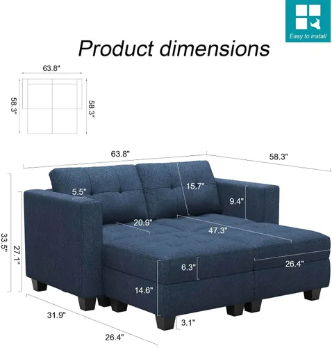 Miniatura 2 de Belffin Sofá modular modular con otomana de almacenamiento, sofá moderno en forma de L de tela con diván para espacios pequeños, azul