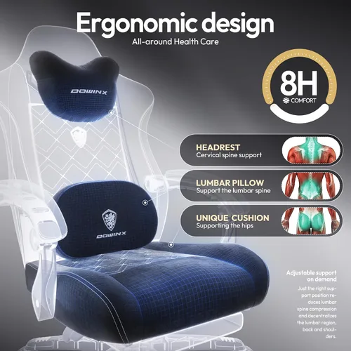 Miniatura 7 de Dowinx Silla de Juegos con Soporte Lumbar de Masaje con Calentamiento, Sillas de Tela Grandes y Altas para Adultos con Reposapiés, Silla de Juego