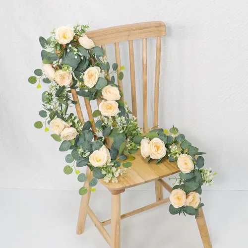 Miniatura 7 de TOCHGREEN Paquete de 2 Guirnaldas de Flores de Eucalipto Artificial de 12 Pies con Rosas Champán, Guirnalda de Flores de Rosa Falsa Verdor