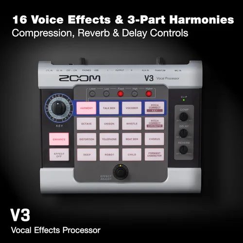 Miniatura 2 de Zoom Procesador V3 Vocal para transmisión y rendimiento en vivo con armonía, corrección de tono, reverberación y retardo, 16 efectos de estudio