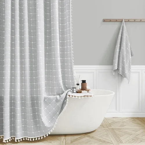 Miniatura 34 de BTTN Juego de cortinas de ducha estilo bohemio de granja con borlas, tela rústica de lino resistente, repelente al agua, cortinas de ducha gruesas A