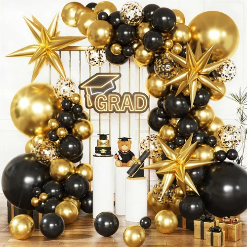 KARLURE Kit de arco de globos negros y dorados, globos de confeti negro y dorado para decoraciones de graduación 2026, graduación, graduación,