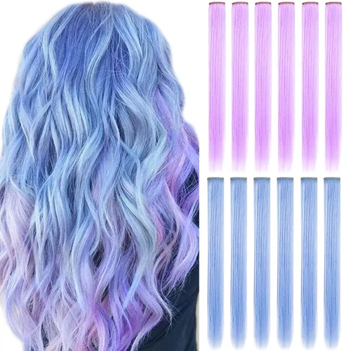 Miniatura 9 de Extensiones de cabello con clip de colores, 8 piezas de cabello sintético liso con reflejos azules y verde azulado