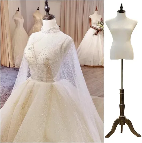 Forma de vestido femenino, maniquí con trípode de madera, cuerpo de torso de altura ajustable, maniquí de ventana de tienda para exhibición y costura