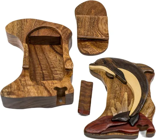 Miniatura 3 de Leaping Dolphin - Caja de rompecabezas de madera de Intarsia, hecha a mano con compartimento secreto