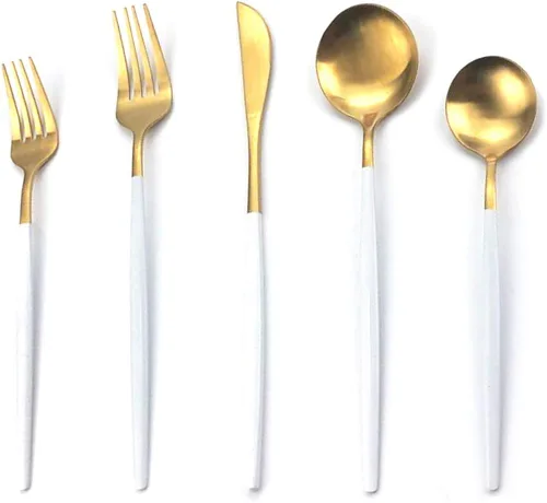 Miniatura 9 de Juego de cubiertos de 5 piezas, Uniturcky, de acero inoxidable negro y dorado, utensilios para comer con cuchillo, tenedor, cuchara para el hogar