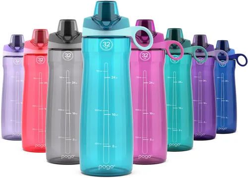 Pogo Botella de agua de plástico sin bisfenol A con tapa con pico de 32 onzas, color azul atolón Azul (Blue Atoll)