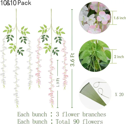 Miniatura 2 de BLEUM CADE 20 flores colgantes de glicina falsa blanca y rosa, 3.6 pies, flores colgantes para bodas, fiestas, hogar, telón de fondo, decoración