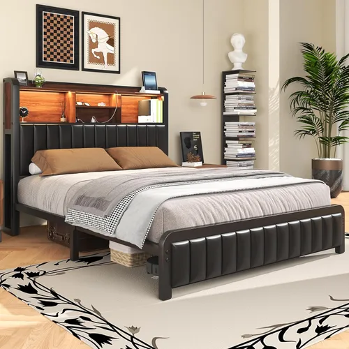 Miniatura 3 de LOEWAY Marco de Cama Full de 54.3 pulgadas de alto con cabecera de almacenamiento de 3 niveles y piel sintética, marco de cama de plataforma