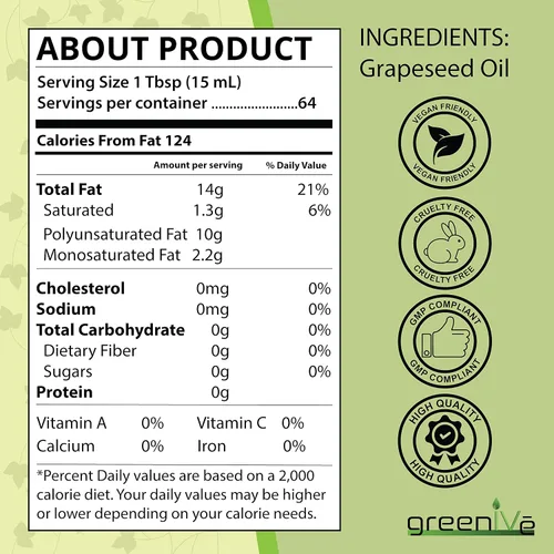 Miniatura 6 de GreenIVe Aceite de semilla de uva cultivado naturalmente 100% puro prensado en frío sabor ligero alta temperatura cocina 32 oz