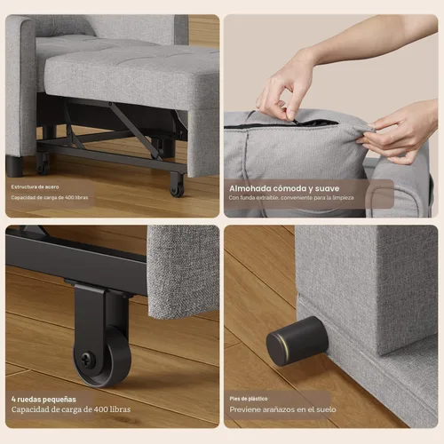 Miniatura 6 de Aiho Silla Cama Convertible, Sofá Cama 3 en 1 con Diseño Ajustable, Almohada y Bolsillo - Cama Extraíble para Apartamento, Gris Claro
