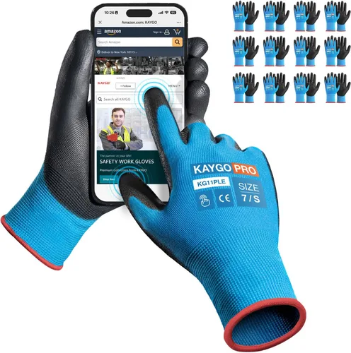 Miniatura 31 de KAYGO KG11PB - Guantes de seguridad con revestimiento delgado de poliuretano, tejido sin costuras, agarre suave en palma y dedos, para trabajo Verde