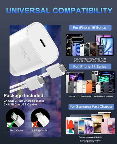 Miniatura 7 de Cargador rápido para teléfono 17 16 15, bloque de carga USB C de 30 W para teléfono 17 16 15 Pro Max y cable tipo C de 8 pies para iPhone 17/Air/17