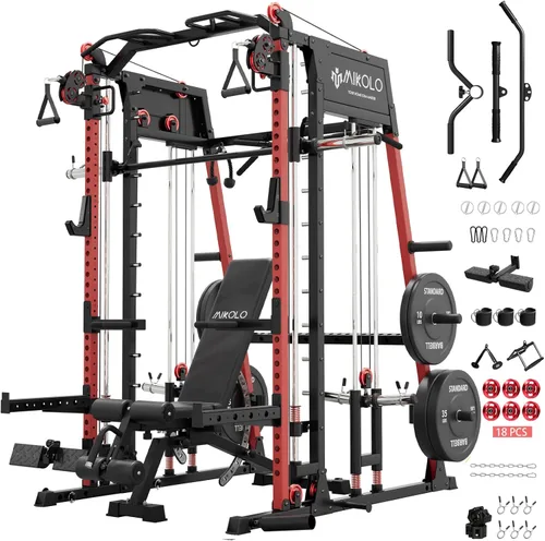 Miniatura 21 de Máquina de Smith Mikolo, banco de sentadillas de 2200lbs con sistema de tracción LAT y máquina de cruce de cables, equipo de entrenamiento con Rojo