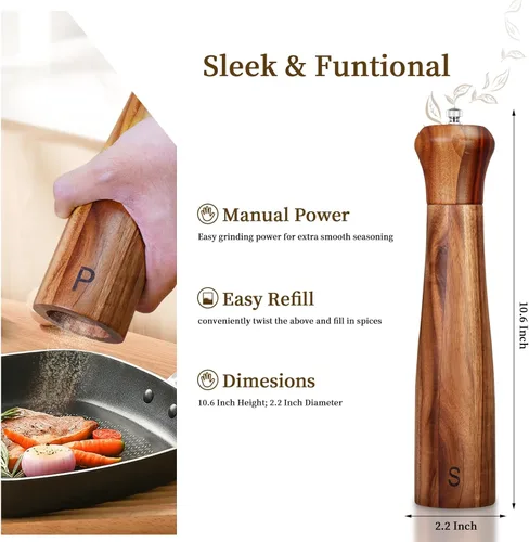 Miniatura 3 de Paquete de 2 Molinillos de Sal y Pimienta de Madera de Acacia de 10 Pulgadas, Molinos Manuales de Sal y Pimienta, Molinillo de Sal Rellenable con 10