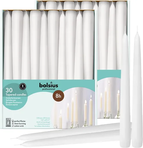 BOLSIUS 60 velas cónicas blancas para el hogar, 10 pulgadas, calidad europea premium, 8 horas de tiempo de combustión, sin perfume, sin goteo y sin