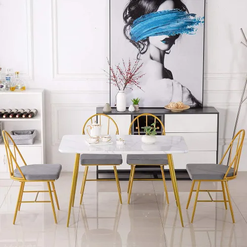 Miniatura 3 de Mesa de comedor rectangular de oro blanco, moderna y elegante, con patas de metal dorado para 4 a 6 personas, mesa de trabajo simple para oficina