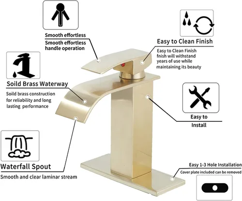 Miniatura 3 de Grifo de baño dorado cepillado GGStudy Waterfall Grifo de fregadero de baño Montaje en cubierta de una sola manija Grifo de tocador de baño
