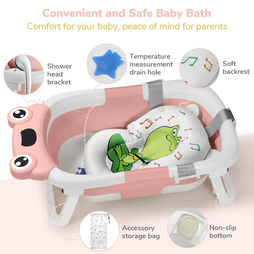 Miniatura 3 de DEANIC Bañera plegable para bebé con toallita para bebé, bañera infantil portátil con cojín suave de apoyo para el baño del bebé para recién nacidos