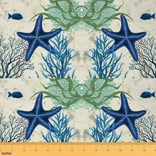 The Yard - Tela de playa de estrellas de mar por yarda – Tela de franela suave para sillas de océano costero para niños, coral, verde azulado, azul