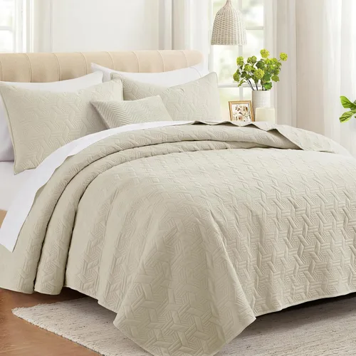 Lavsiry Juego de ropa de cama acolchada de tamaño individual beige con funda de almohada, colcha ligera de verano, sobrecama, manta acolchada suave,