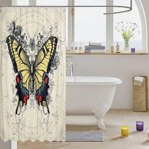 Miniatura 3 de Butterfly Shower Curtain Bohemian Bathroom Shower Curtain Set for Kids Adult Sun Moon Bath Curtain Yellow Butterfly Waterproof Curtains Room Decor