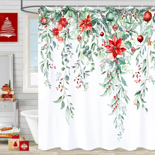 Miniatura 7 de Juego de cortinas de ducha navideñas con acebo, cortinas de ducha impermeables de Navidad, cortinas de baño de tela con 12 ganchos para decoración