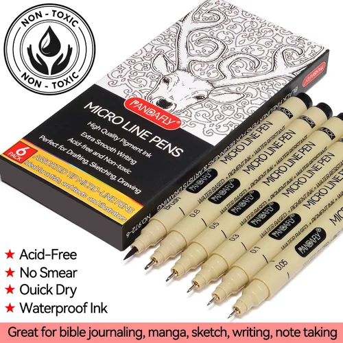 Miniatura 2 de PANDAFLY Black Fineliners - Bolígrafos de punta ultrafina de 6 tamaños, tinta de archivo impermeable, bolígrafo de arte negro para dibujar