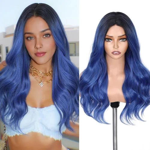 Miniatura 11 de Lady Miranda Peluca de cabello sintético de alta densidad con ondas de cuerpo gris mezclado, de color azul, de alta densidad, resistente al calor