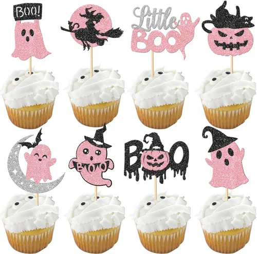 Miniatura 24 de Rsstarxi Paquete de 24 adornos para cupcakes Little Boo con purpurina, bruja, gato, calabaza, castillo, fantasma, magdalenas, alimentos, decoración