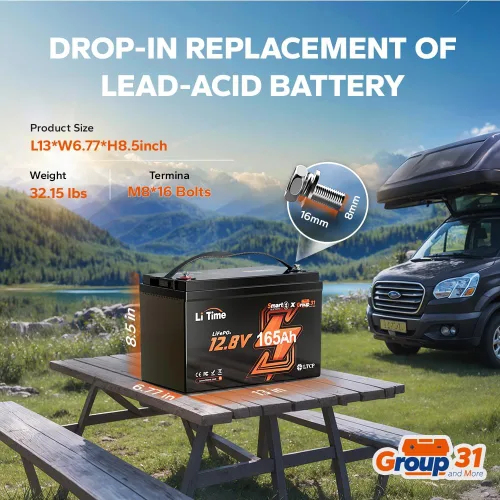 Miniatura 9 de Litime Batería de litio LiFePO4 de 12 V y 165 Ah Bluetooth, batería de ciclo profundo para motores de arrastre, tamaño grupo 31 con densidad