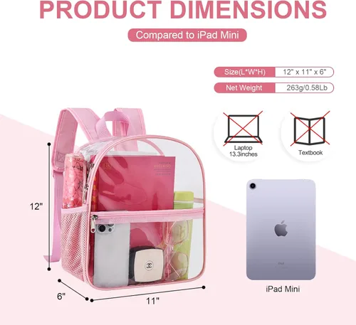 Miniatura 5 de Mochila Transparente Oraben para Eventos de Estadio Mochila Transparente para Estadio 12x6x12, Rosa, Pequeño