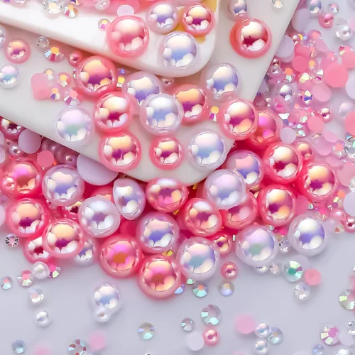 Miniatura 56 de 60g de Perlas Acuamarina Dorada con Diamantes de Imitación para Manualidades Tamaño Mixto 3mm-10mm Color AB Redondas Perlas Medias Planas Conjunto