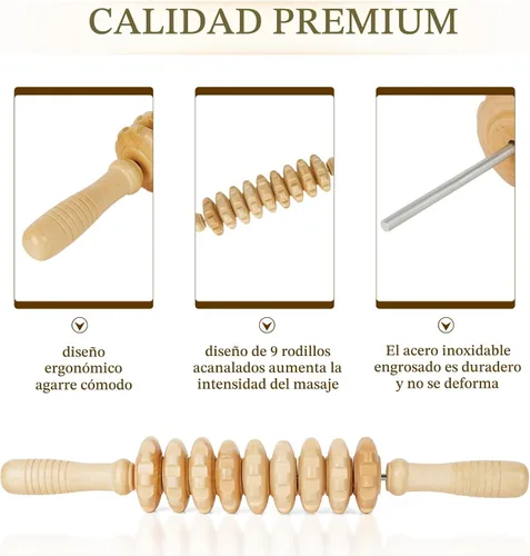 Miniatura 6 de Liitrton Puntos de disparo de rodillo de masaje de madera manual para liberar celulitis dolor muscular (recta-9 ruedas)