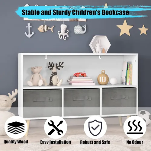 Miniatura 5 de Estantería para niños, organizador de almacenamiento de juguetes, estantería para niños con 3 cajones de tela plegables y patas de madera