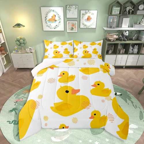 Miniatura 33 de Erosebridal Juego de ropa de cama a cuadros azul para niños, juego de cama individual con diseño de patos amarillos de dibujos animados, juego