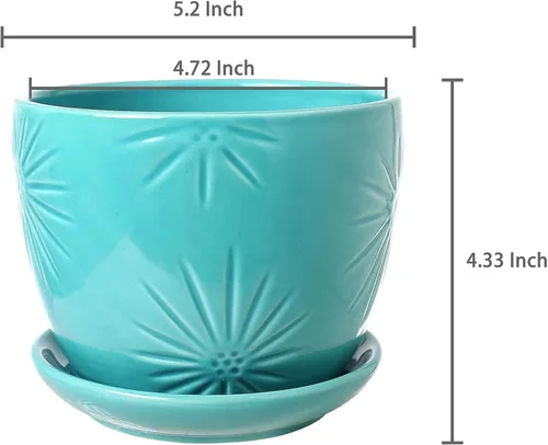 Miniatura 5 de MyGift - Juego de 2 macetas de cerámica con diseño de rayos de sol, macetas decorativas con platillos, Moderno, S, Agua (Aqua)