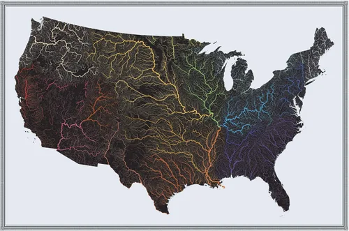Mapa hidrológico de Estados Unidos | Mapa de ríos y cuencas de Estados Unidos | 36 x 24 pulgadas en papel premium | Increíble detalle de río,