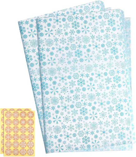 CHRORINE 90 hojas de papel de regalo de Navidad, papel de seda de copo de nieve azul con etiquetas de copo de nieve para manualidades, decoración de