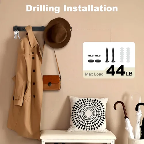 Miniatura 4 de Perchero de pared, perchero de metal con 5 ganchos, resistente, negro, 1 unidad