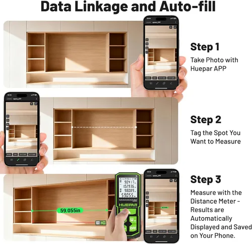 Miniatura 3 de Huepar Herramienta de medición láser verde de 330 pies con control de aplicación, medidor de distancia Bluetooth recargable de ± 1/16 pulgadas