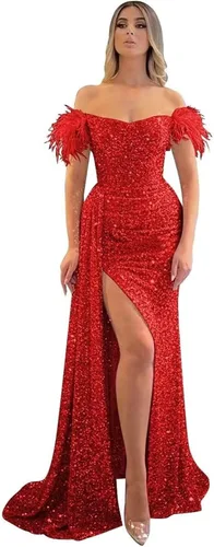Miniatura 19 de Vestidos de fiesta de lentejuelas con hombros descubiertos, vestido formal de sirena brillante, vestido largo de fiesta de noche con abertura