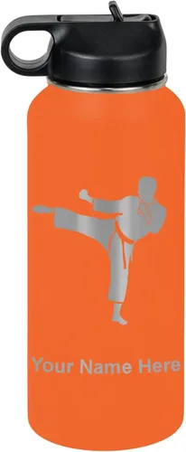Miniatura 62 de Botella de agua personalizada LaserGram, Karate Man, de acero inoxidable con doble pared aislada al vacío con tapa abatible, regalo personalizado