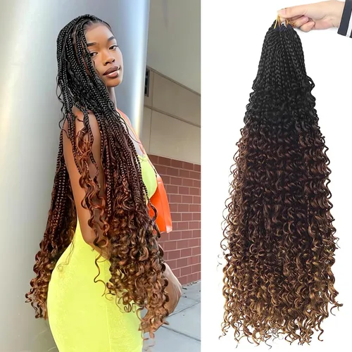 Miniatura 25 de Goddess Box Braids - Trenzas de cabello a ganchillo con extremos rizados, trenzas de caja bohemianas de 16 pulgadas, trenzas de ganchillo, 8 1B-4-30