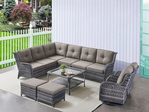 Miniatura 43 de HUMMUH Sillas Mecedoras Giratorias de Mimbre para Patio Exterior con Respaldo Alto, Sillas Deslizantes de Ratán PE, Juego de Muebles de Patio de 4