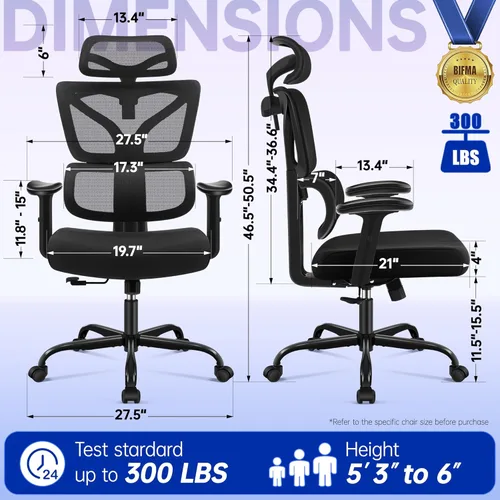 Miniatura 2 de Silla de oficina ergonómica, silla de computadora de malla con respaldo alto con cómodo soporte lumbar adaptativo, colgador de abrigo integrado